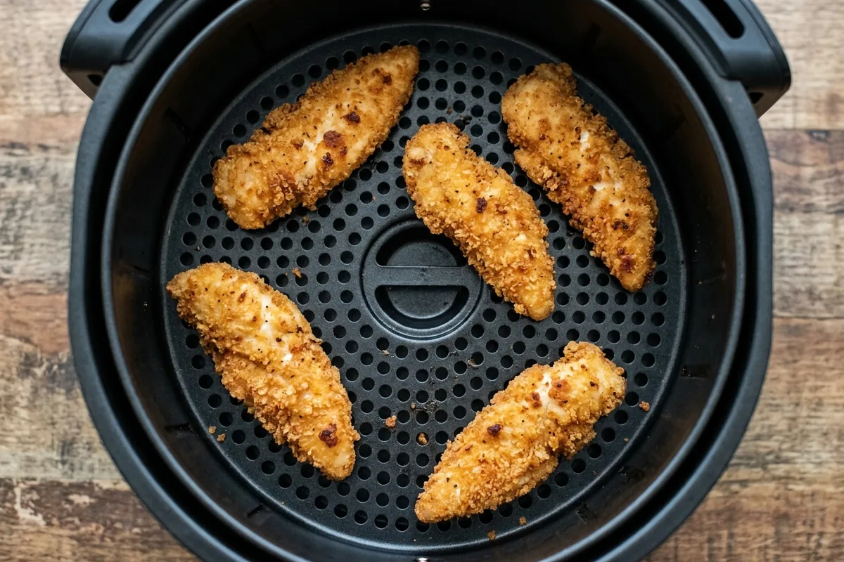 Chicken tenders in a single layer in air fryer Leftover chicken tenders laid in a single non-overlapping layer in an air fryer basket before reheating