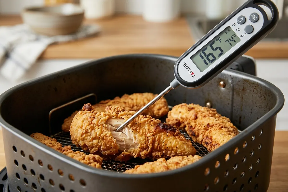 Thermometer checking reheated chicken tender An instant-read thermometer probing a reheated chicken tender to confirm a safe internal temperature