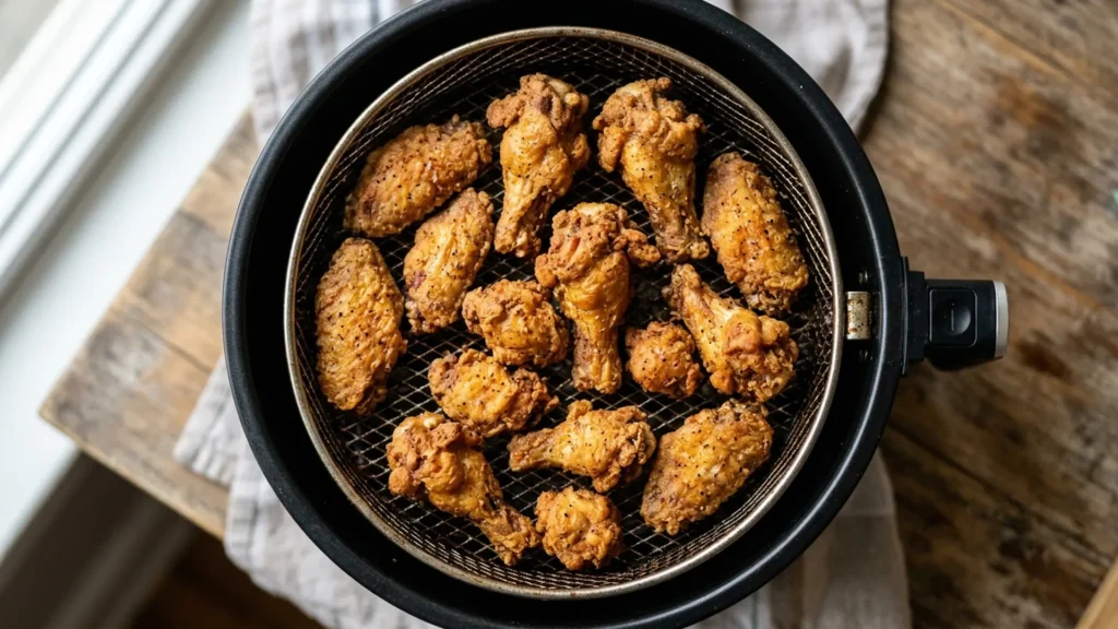 Reheating fried chicken in air fryer, beautifully styled overhead food photograph