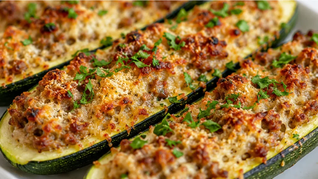 ️ Amazing Air Fryer Stuffed Zucchini Boats! Stuffed zucchini boats: try this delicious air fryer recipe with savory sausage and melty cheese. Perfect for a quic