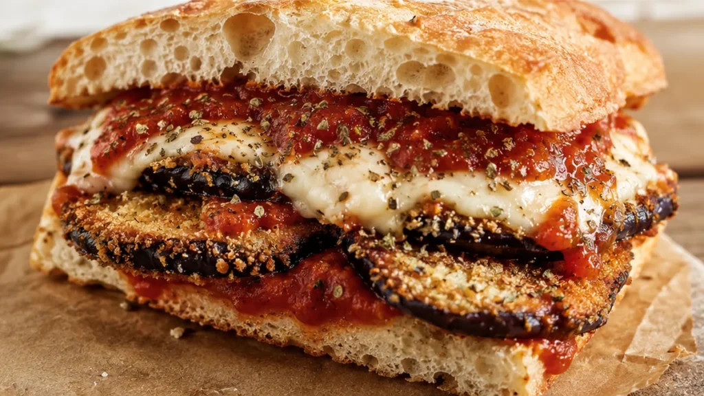 Crispy Vegan Eggplant Parm Sandwich! Vegan eggplant parm: master this crispy, cheesy sandwich in your air fryer. Quick to make, it's a fantastic plant-based mea