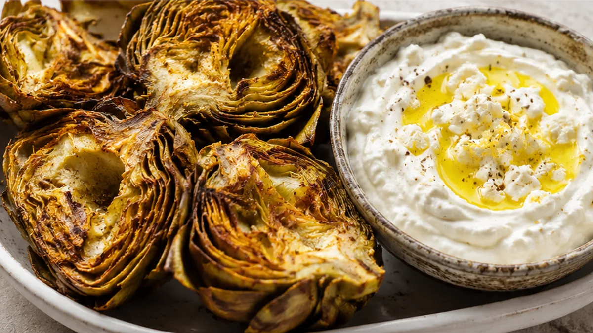 Crispy Air Fryer Artichokes with Feta Dip - Air fryer artichokes: master perfectly tender and crispy artichokes with a delicious feta yogurt dip. Quick, healthy