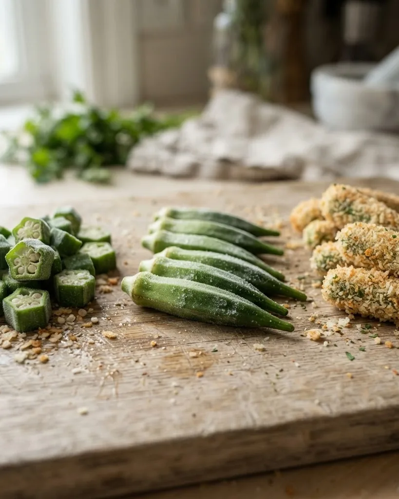 Close-up illustrating cut vs whole vs breaded frozen okra: the spec table that ends the guesswork