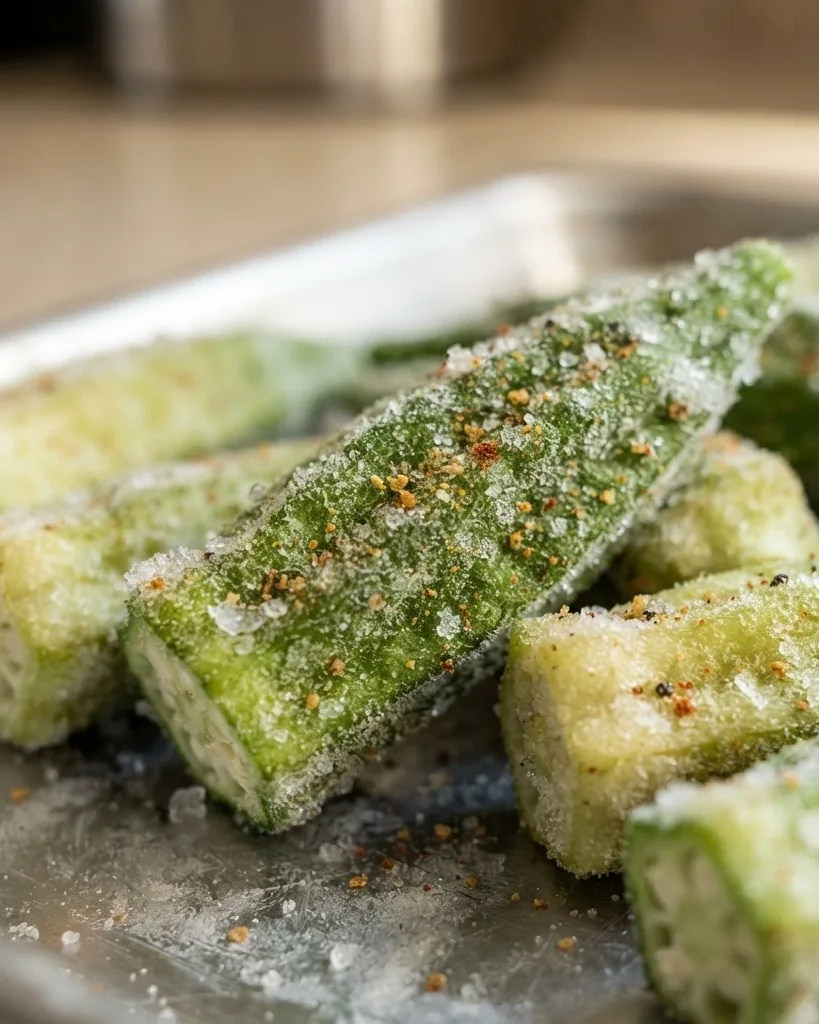 Detail view of seasoning frozen okra: four directions that actually stick