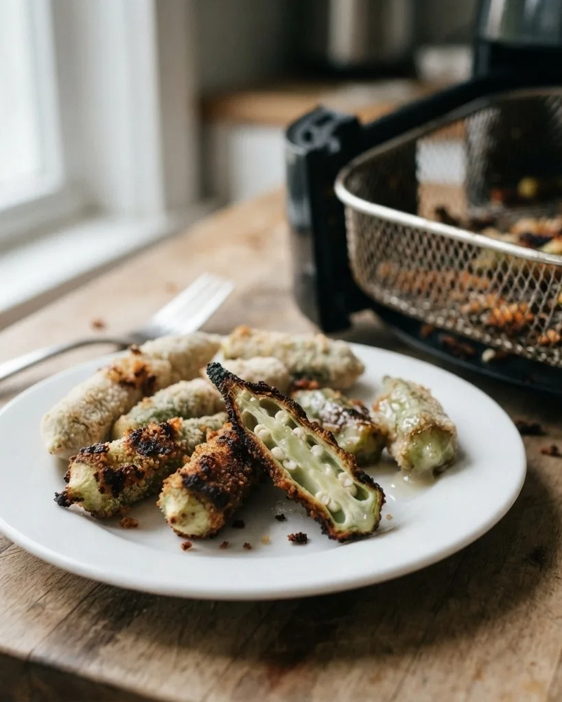 Detail view of troubleshooting frozen okra: still slimy, burnt edges, cold center