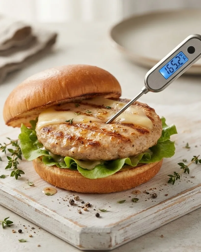 Detail view of how to read a thin patty with a thermometer without missing the cold spot
