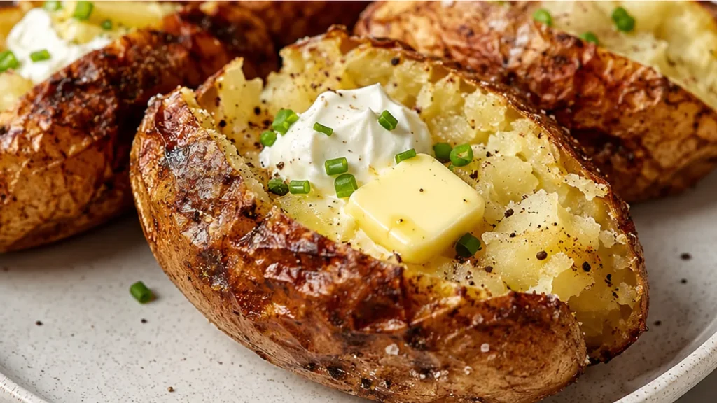 Crispy Air Fryer Baked Potato - Baked potato: master the ultimate crispy-skinned baked potato using your air fryer. Enjoy a fluffy interior in just 45 minutes,