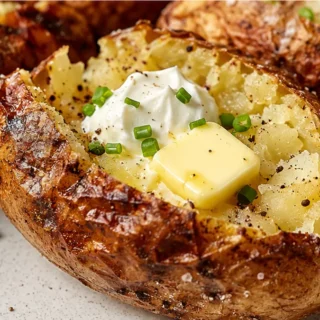 Crispy Air Fryer Baked Potato - Baked potato: master the ultimate crispy-skinned baked potato using your air fryer. Enjoy a fluffy interior in just 45 minutes,