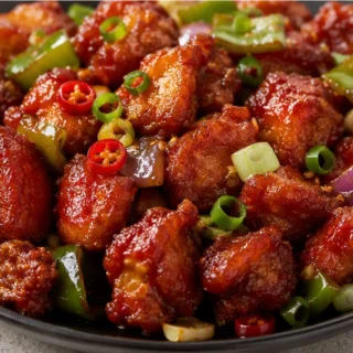 ️ Crispy Air Fryer Chilli Chicken - Chilli Chicken: Master this crispy air fryer or stovetop recipe. Enjoy tender chicken coated in a spicy sauce with vibrant b