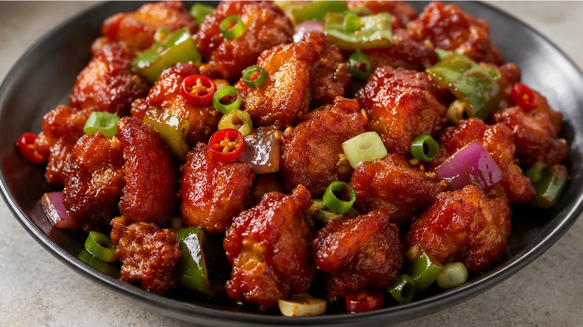 ️ Crispy Air Fryer Chilli Chicken - Chilli Chicken: Master this crispy air fryer or stovetop recipe. Enjoy tender chicken coated in a spicy sauce with vibrant b