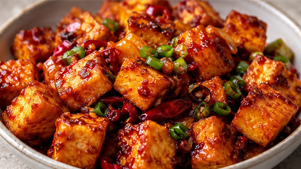 ️ Crispy Chilli Tofu: Weeknight Obsession! Chilli tofu: master this easy recipe for perfectly crispy, air-fried tofu infused with vibrant Indian spices and fres
