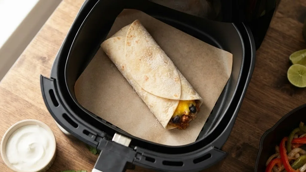 Editorial photo of frozen burrito in air fryer