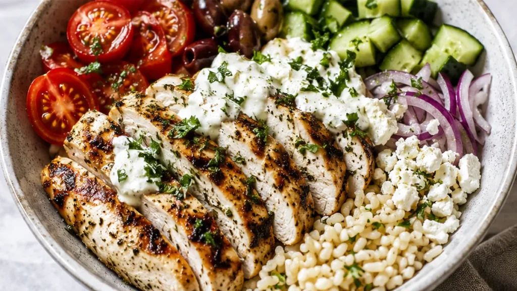 Juicy Greek Chicken Bowls - Greek Chicken Bowls: make these bright, juicy chicken bowls with homemade tzatziki for a healthy, satisfying meal in under an hour.