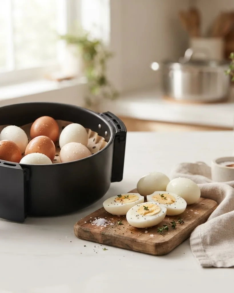 Close-up illustrating why cook hard boiled eggs in the air fryer