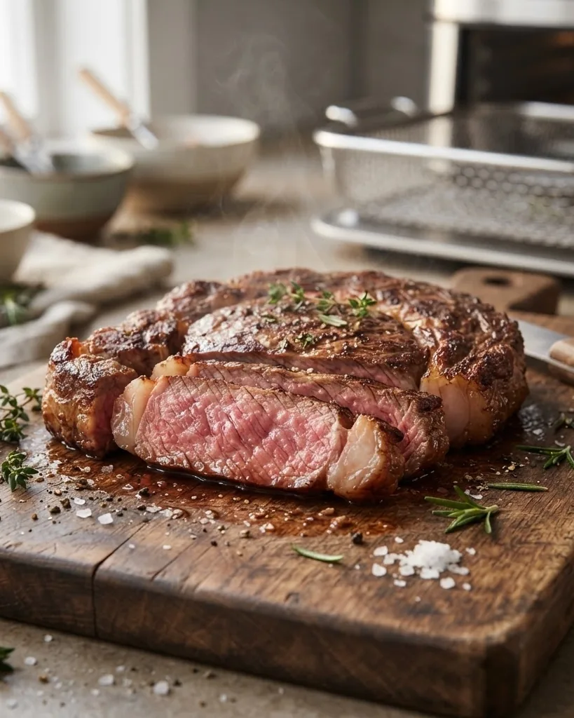 Detail view of how long to cook steak in air fryer by doneness
