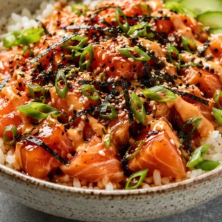Spicy Salmon Sushi Bowls: Easy & Quick! Spicy Salmon Sushi Bowls: cook perfectly crispy air-fried salmon for a quick and satisfying meal. Easy to assemble, burs