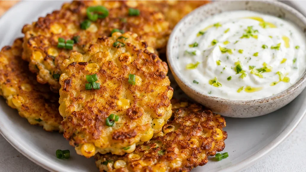 Crispy Corn Fritters with Zesty Yogurt Dip - Corn Fritters: savor these crispy, golden bites paired with a tangy Greek yogurt sauce. Perfect as a quick appetize