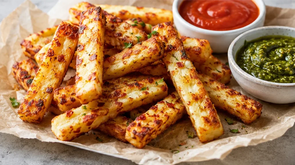 Crispy Halloumi Fries: Your New Obsession! Halloumi fries: cook these golden, crispy halloumi sticks in your air fryer in minutes. Serve with marinara and pesto