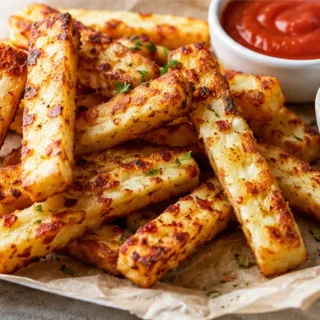 Crispy Halloumi Fries: Your New Obsession! Halloumi fries: cook these golden, crispy halloumi sticks in your air fryer in minutes. Serve with marinara and pesto