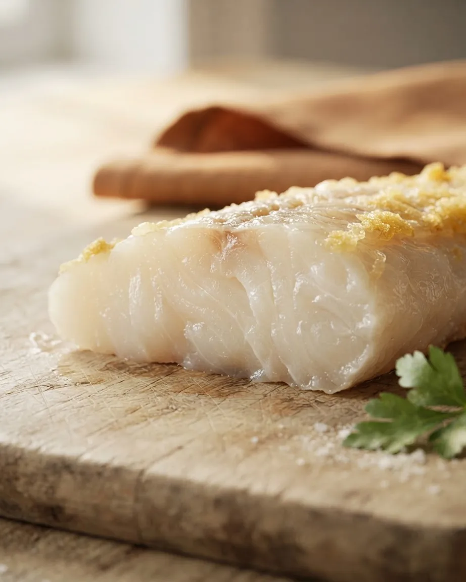 A thick, pale raw white fish fillet with a light golden crumb topping rests on a wooden cutting board beside parsley.
