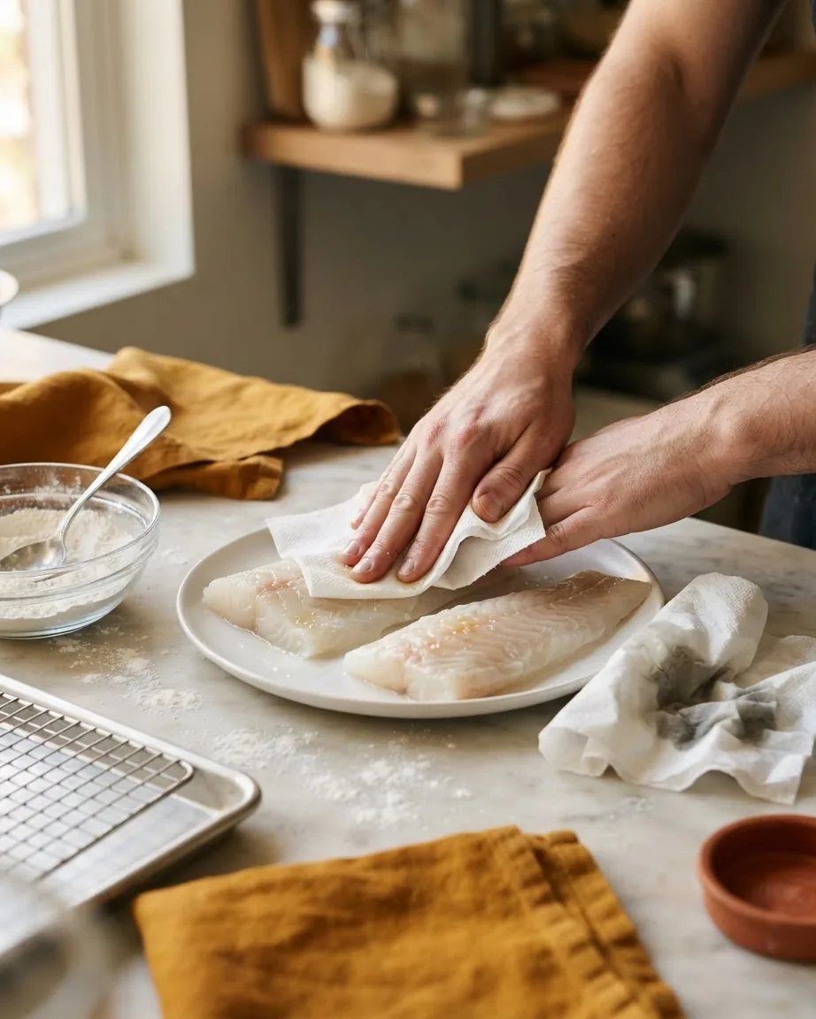 Hands pat raw white fish fillets dry with paper towels on a plate beside a flour bowl and wire rack.