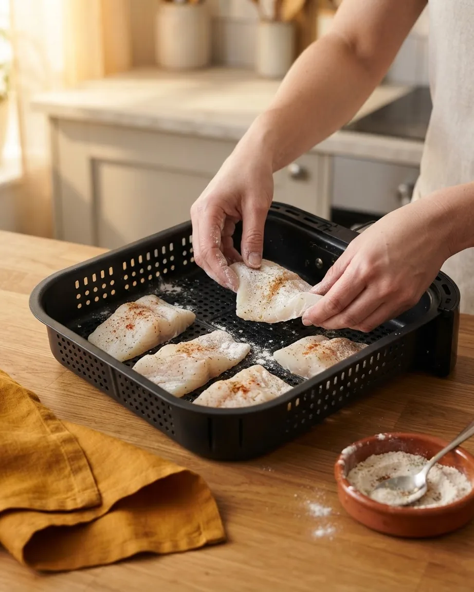 Hands arrange seasoned raw fish fillets in a black air fryer basket on a wooden kitchen countertop.