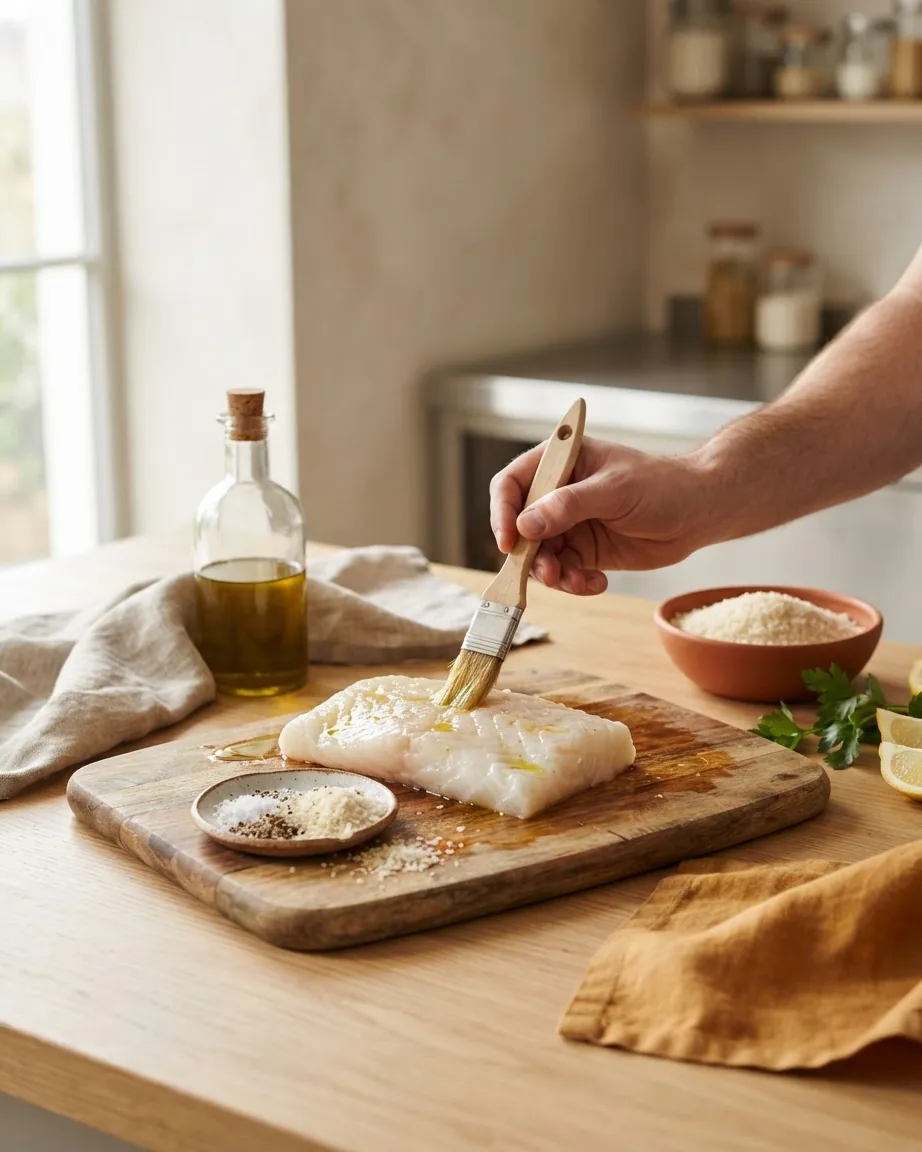 A hand brushes oil onto a raw white fish fillet on a wooden board beside breadcrumbs, seasonings, and lemon.